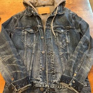 American Eagle Outfitters Blue Denim Jacket with Gray Hood
